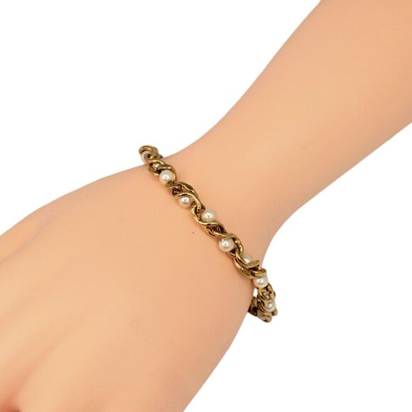 White Pearl 24K Gold Plated Tennis Bracelet 7" Station Link Minimalist Jewelry - Picture 7 of 11